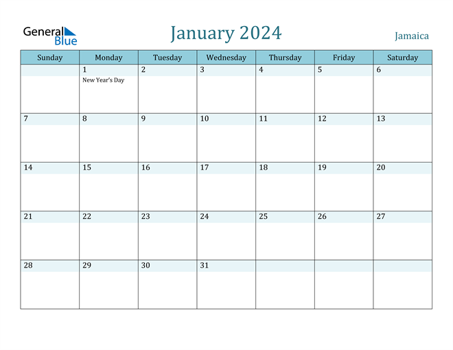 January 2024 Calendar with Jamaica Holidays