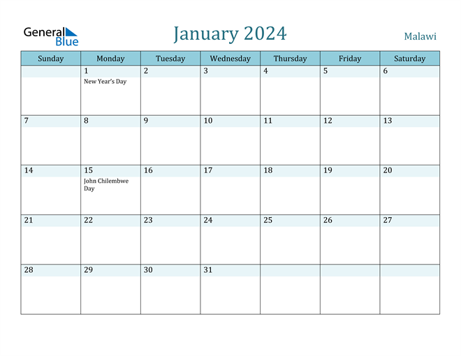 Malawi January 2024 Calendar with Holidays