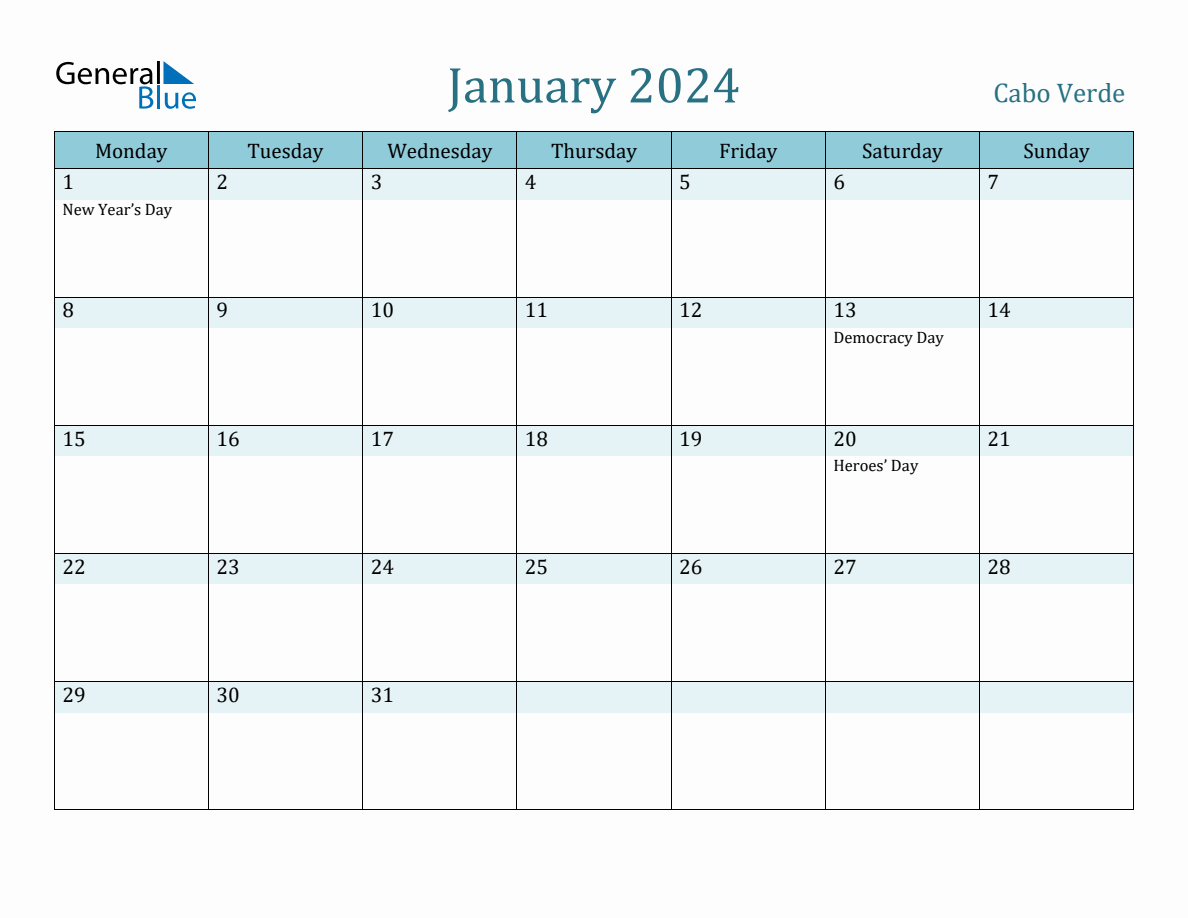 Cabo Verde Holiday Calendar for January 2024