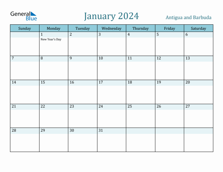 January 2024 Monthly Calendar with Antigua and Barbuda Holidays