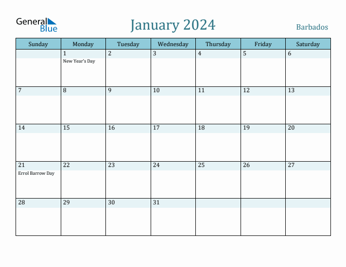 January 2024 Monthly Calendar with Barbados Holidays