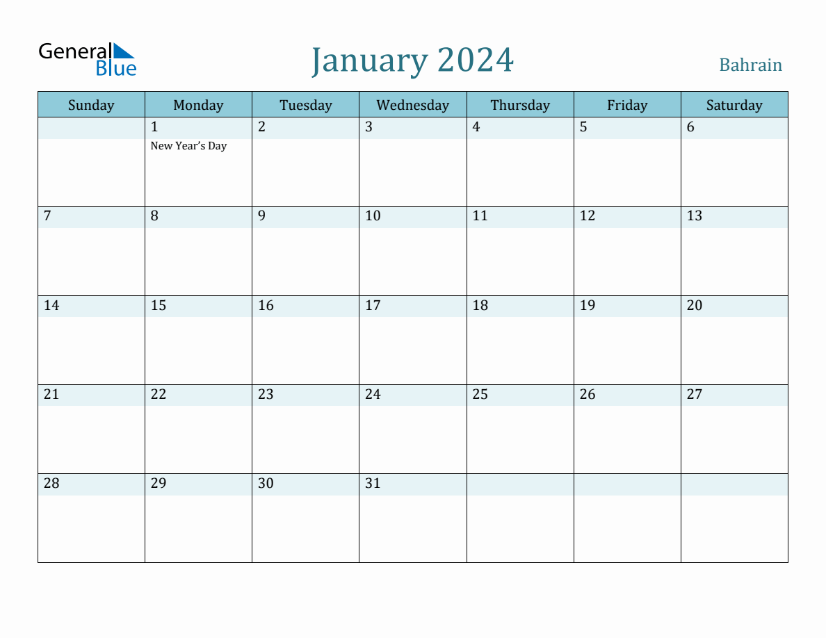 Bahrain Holiday Calendar for January 2024