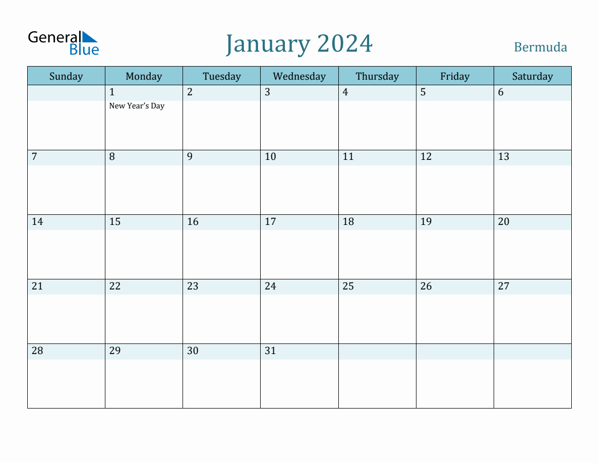 Bermuda Holiday Calendar for January 2024