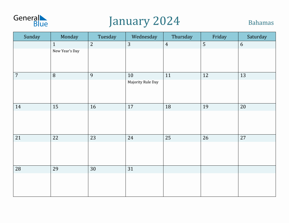 Bahamas Holiday Calendar for January 2024