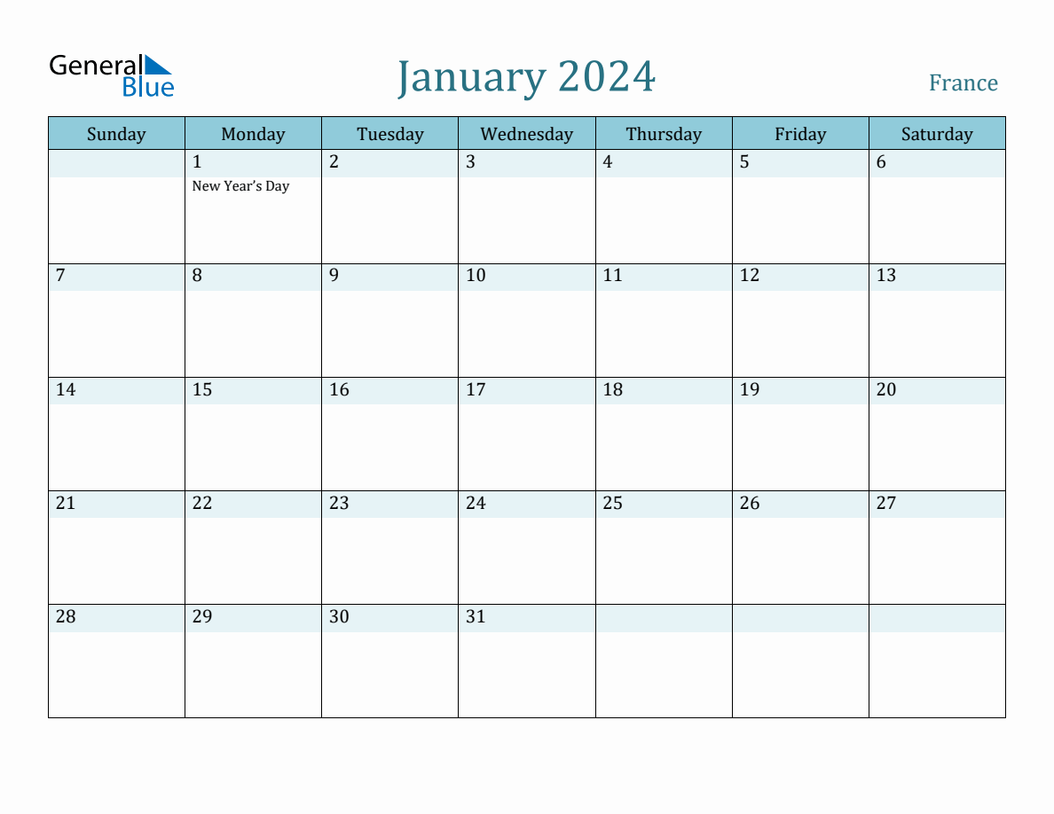 France Holiday Calendar for January 2024