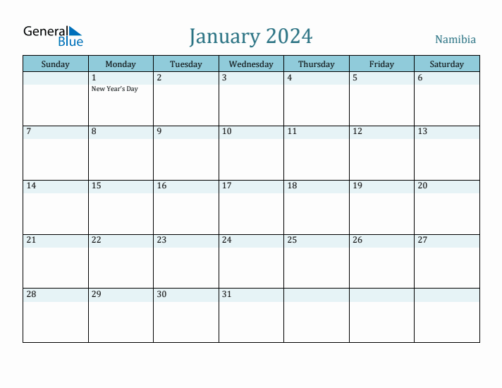 January 2024 Monthly Calendar with Namibia Holidays