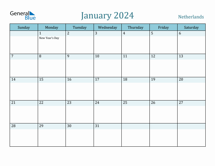 January 2024 Monthly Calendar with Netherlands Holidays