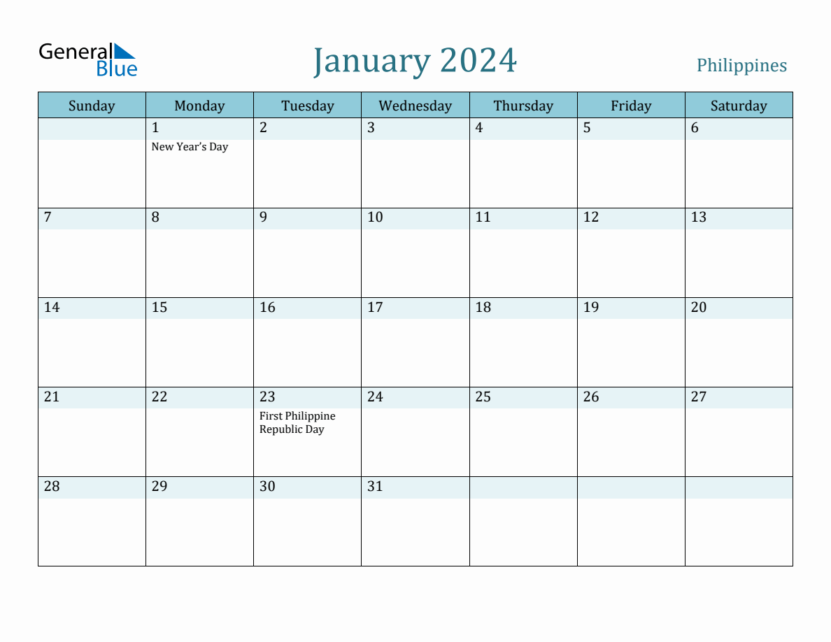 Philippines Holiday Calendar for January 2024