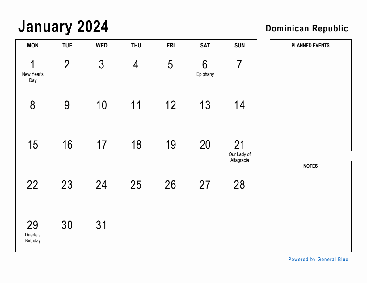 January 2024 Planner with Dominican Republic Holidays