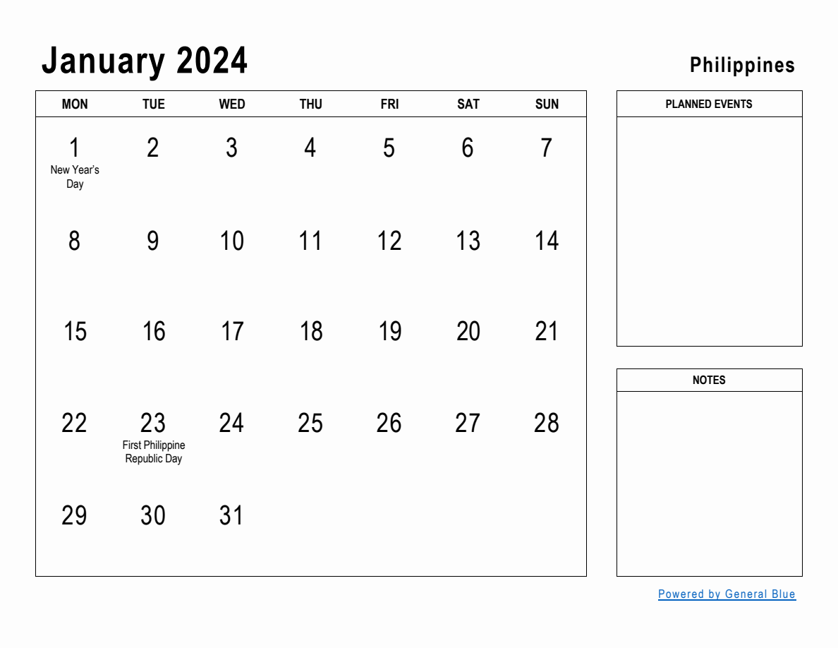 January 2024 Planner with Philippines Holidays
