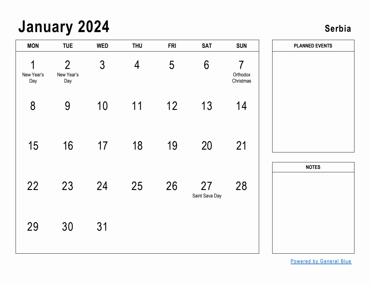 January 2024 Planner with Serbia Holidays