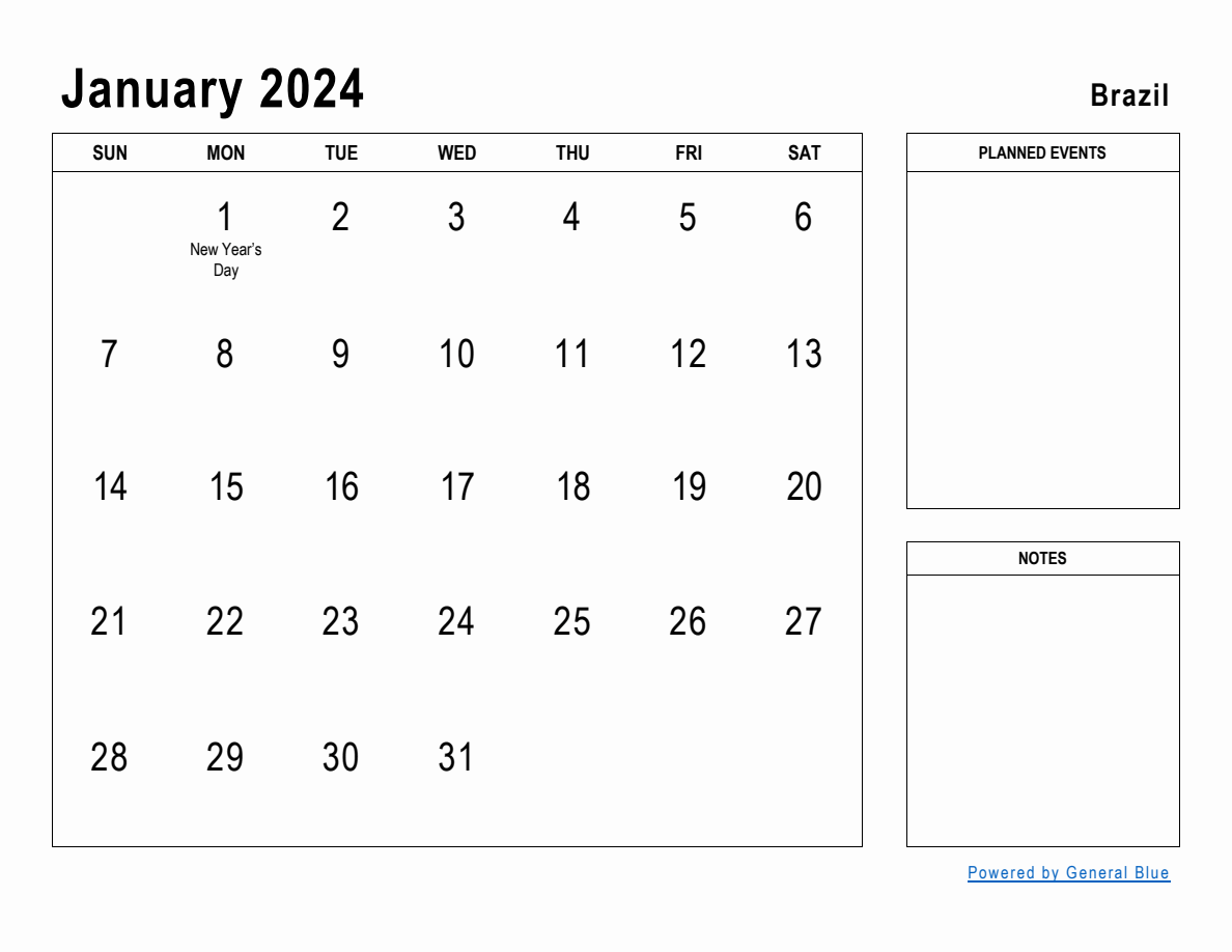 January 2024 Planner with Brazil Holidays