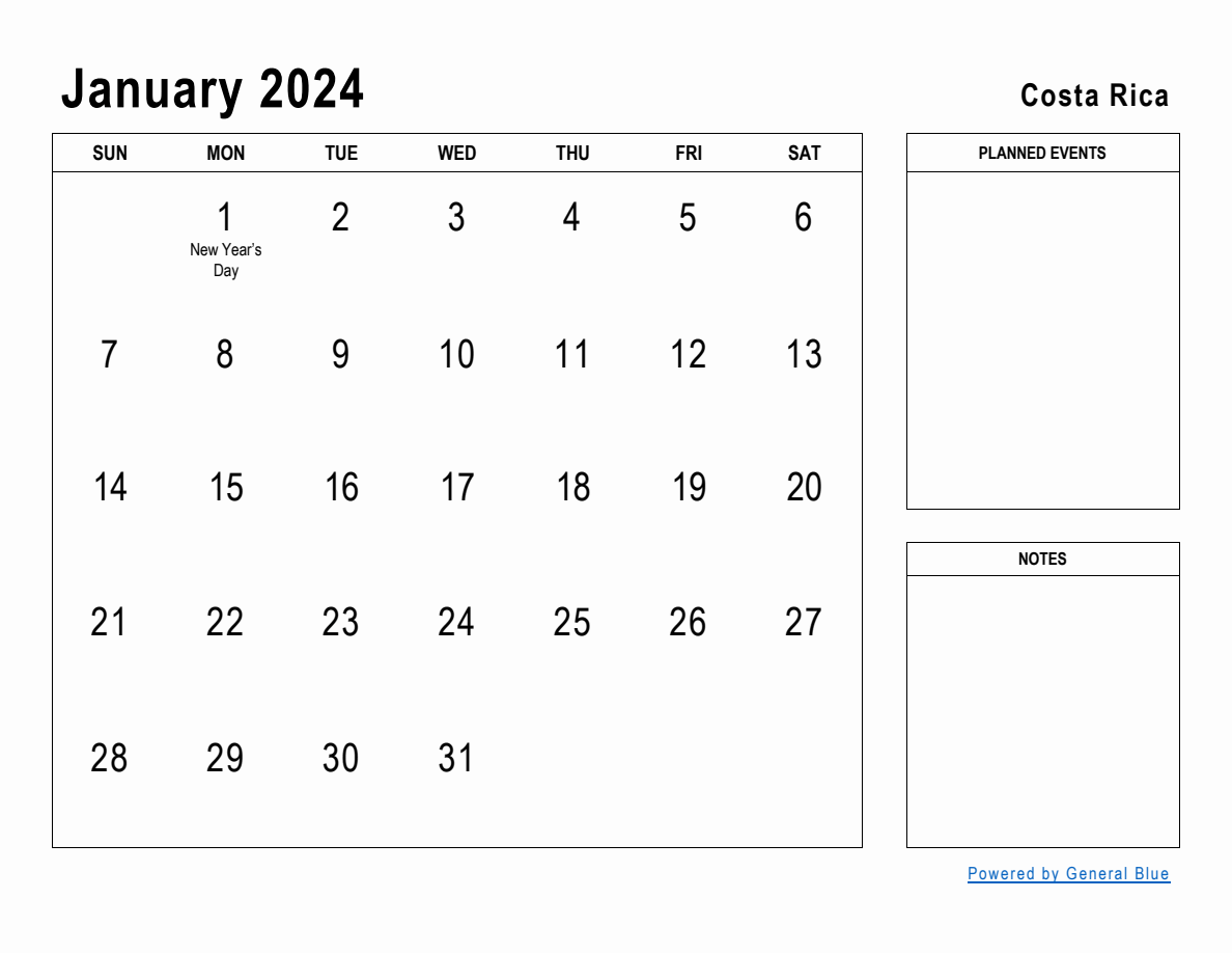 January 2024 Planner with Costa Rica Holidays