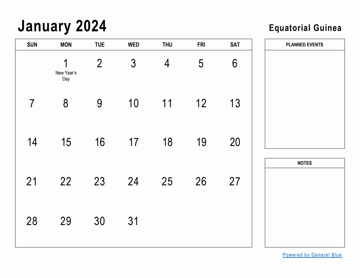 January 2024 Planner with Equatorial Guinea Holidays