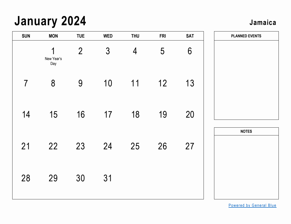 January 2024 Planner with Jamaica Holidays