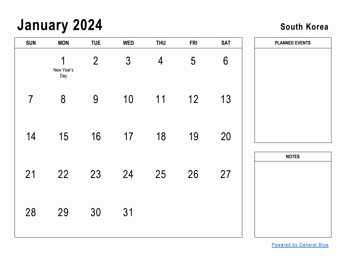 January 2024 Planner with South Korea Holidays