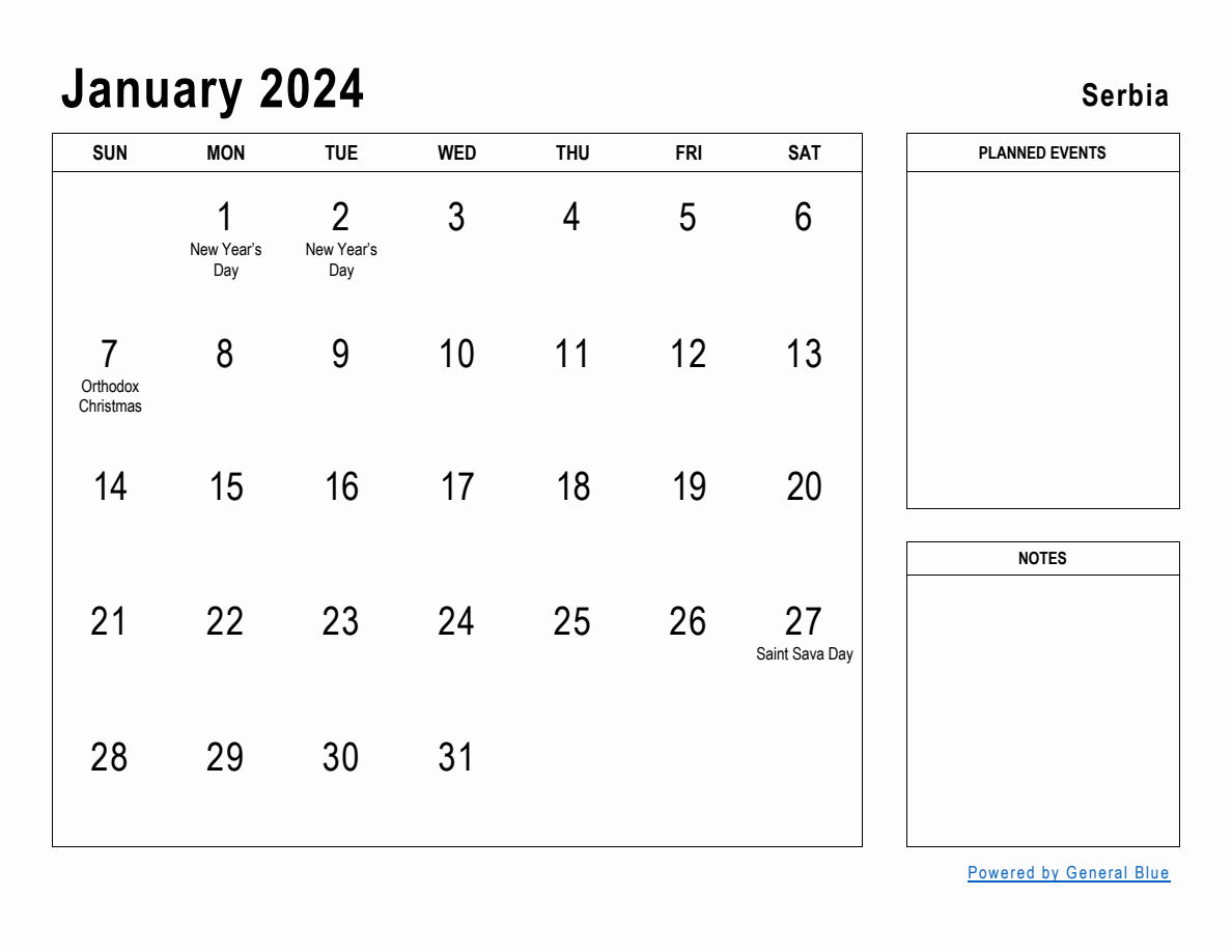 January 2024 Planner with Serbia Holidays