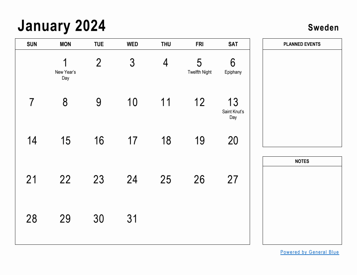January 2024 Planner With Sweden Holidays