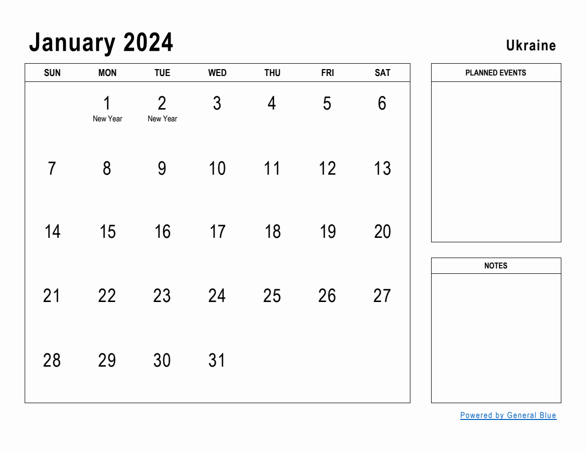 January 2024 Planner with Ukraine Holidays