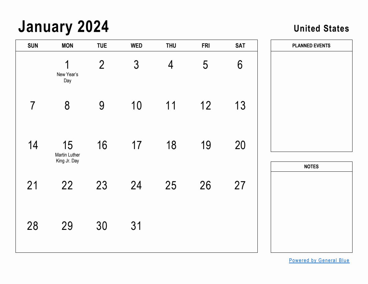 January 2024 Planner with United States Holidays