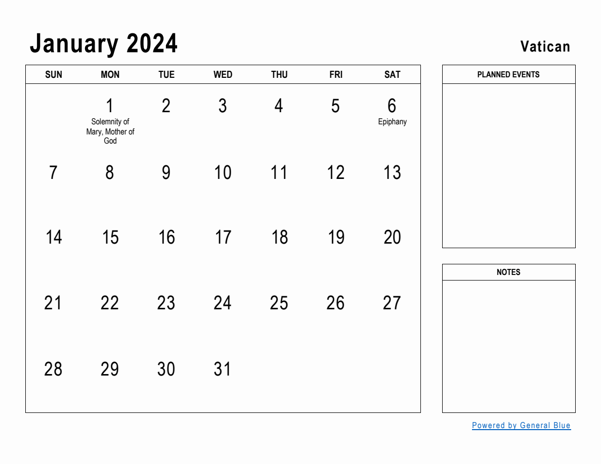 January 2024 Planner with Vatican Holidays