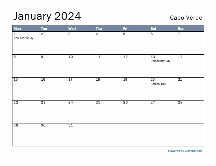 January 2024 Cabo Verde Monthly Calendar with Holidays