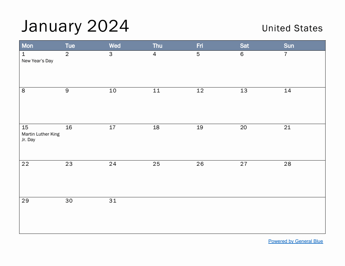 Free Monthly Calendar Template for January 2024 with United States Holidays