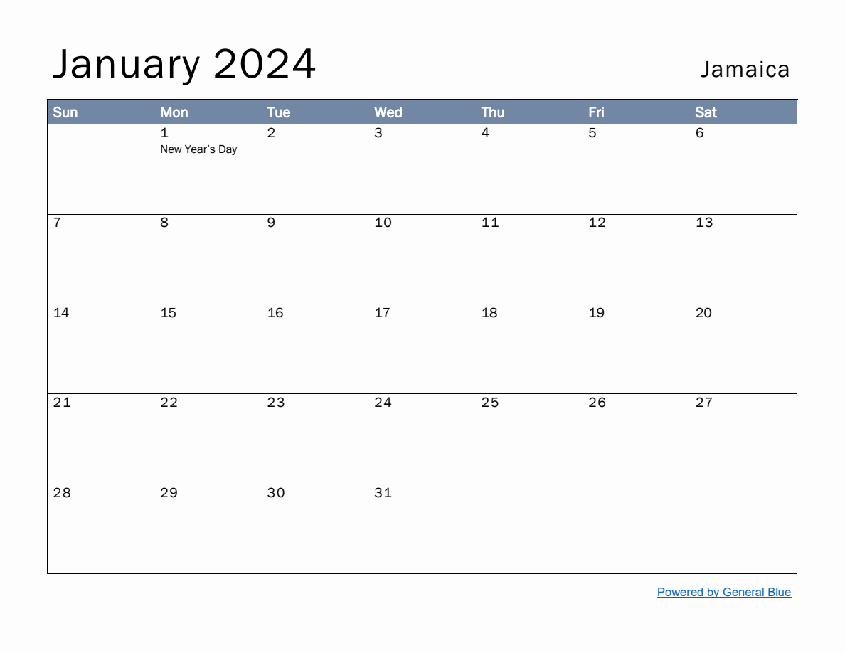 Free Monthly Calendar Template for January 2024 with Jamaica Holidays