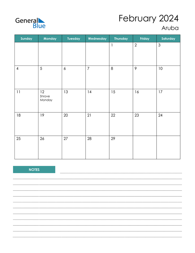 Aruba February 2024 Calendar with Holidays