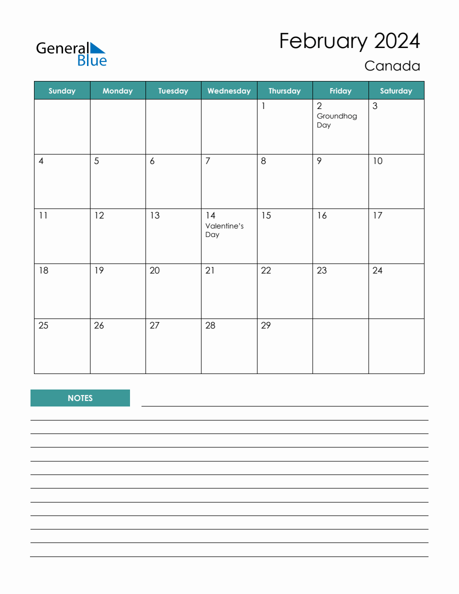 Monthly Planner with Canada Holidays February 2024