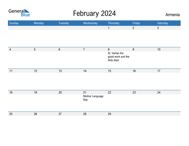 February 2024 Calendar with Armenia Holidays