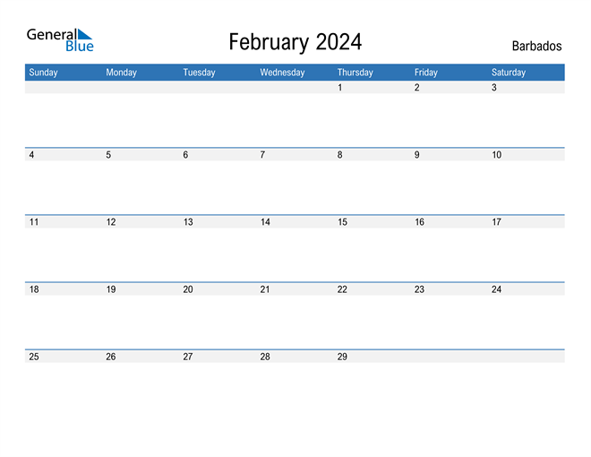 Barbados February 2024 Calendar with Holidays