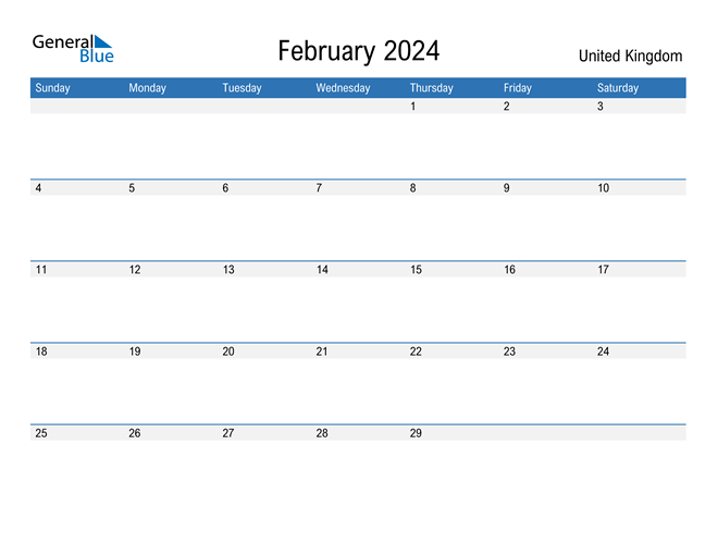 February 2024 Calendar with United Kingdom Holidays