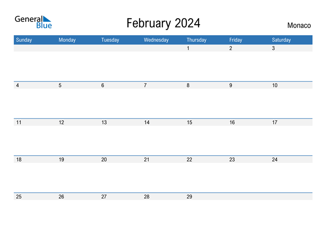 February 2024 Calendar with Monaco Holidays