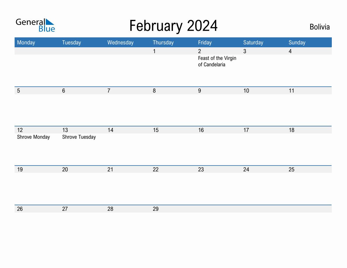 Editable February 2024 Calendar with Bolivia Holidays