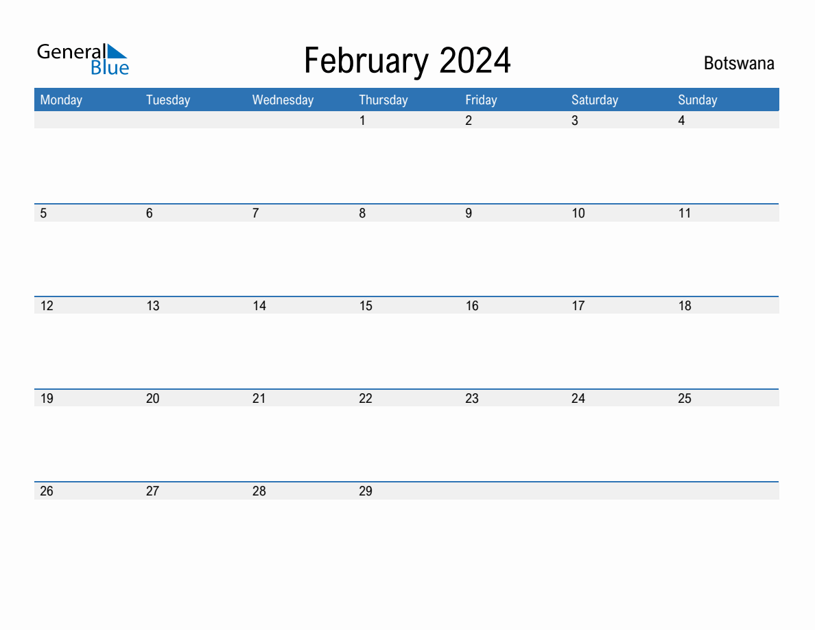 Editable February 2024 Calendar with Botswana Holidays