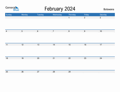 Current month calendar with Botswana holidays for February 2024