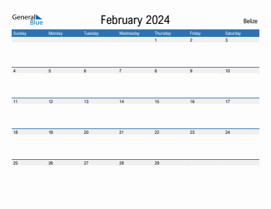 Current month calendar with Belize holidays for February 2024