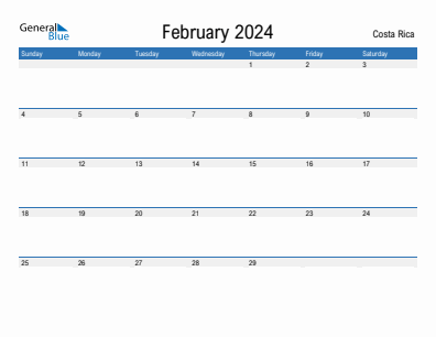 Current month calendar with Costa Rica holidays for February 2024