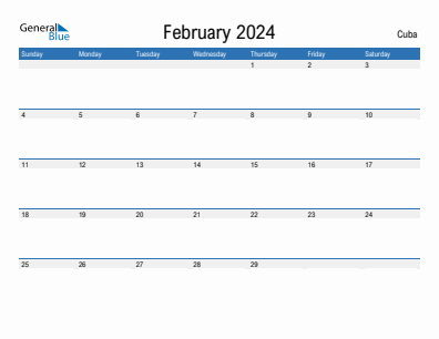 Current month calendar with Cuba holidays for February 2024