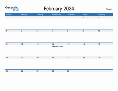 Current month calendar with Guam holidays for February 2024