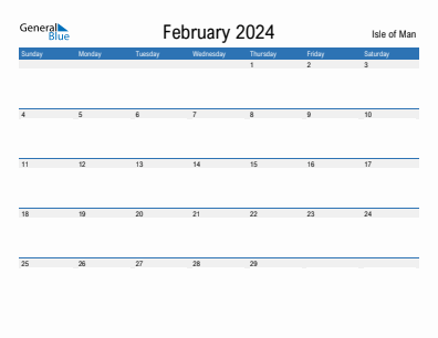 Current month calendar with Isle of Man holidays for February 2024