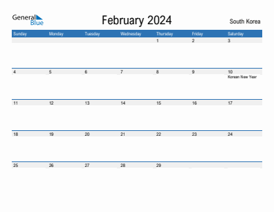 Current month calendar with South Korea holidays for February 2024