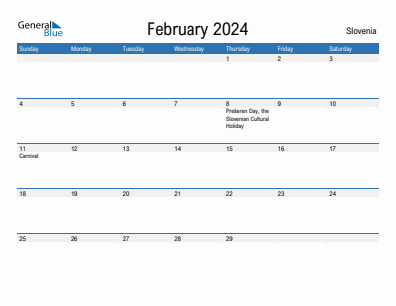 Current month calendar with Slovenia holidays for February 2024