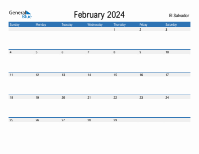 Current month calendar with El Salvador holidays for February 2024
