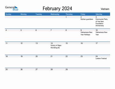 Current month calendar with Vietnam holidays for February 2024