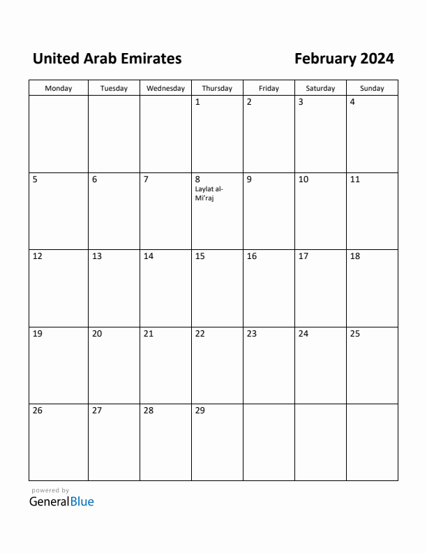 February 2024 Calendar with United Arab Emirates Holidays