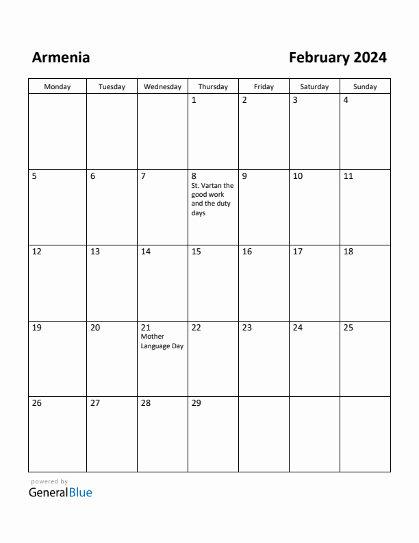 February 2024 Calendar with Armenia Holidays