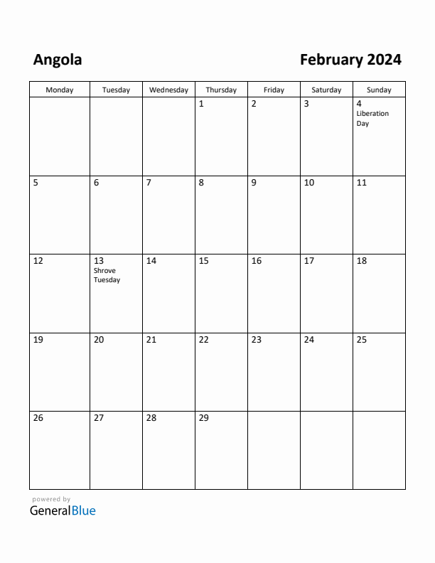 February 2024 Calendar with Angola Holidays