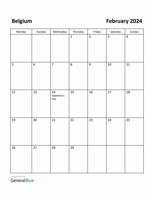 February 2024 Calendar with Belgium Holidays